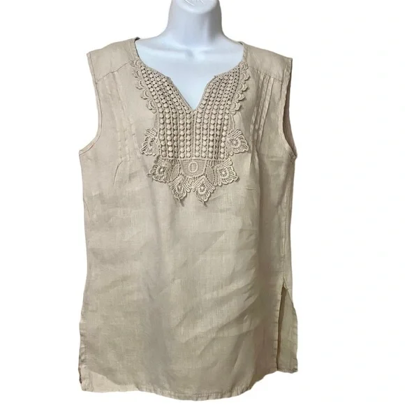 Tan Beige Linen Sleeveless Tunic Top Blouse Small Lace V-neck Breathable Summer - Picture 1 of 12